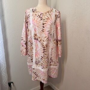 Lands End Womens Dress Coverup Size L/P Pastel Tie Dye Long Sleeve Cotton